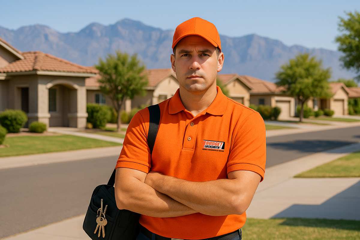 Certified locksmith installing a residential deadbolt in Tucson, AZ