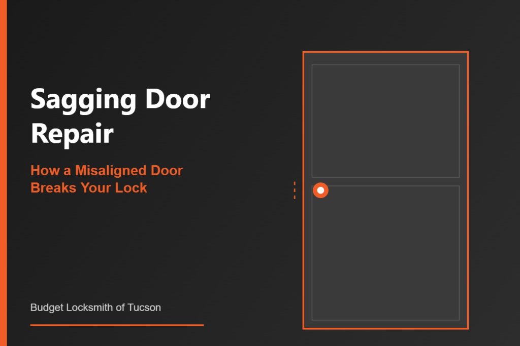 Sagging door repair showing misaligned deadbolt and strike plate