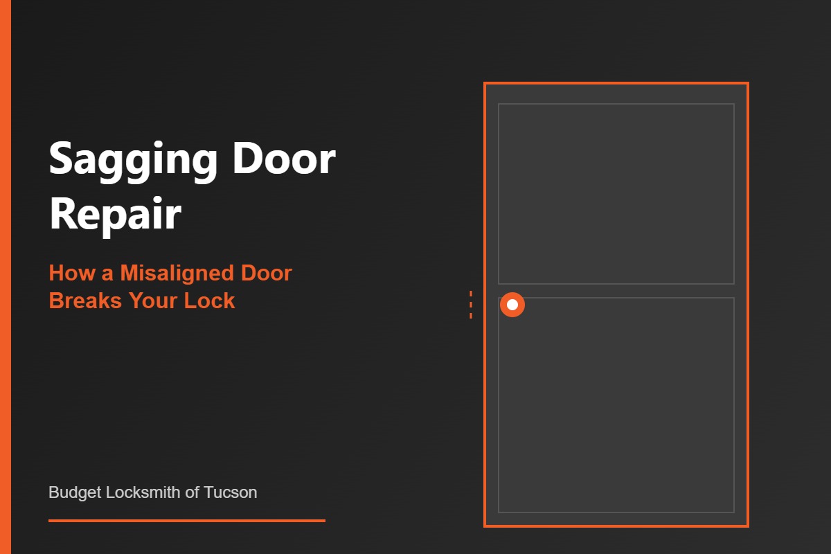 Sagging door repair showing misaligned deadbolt and worn strike plate