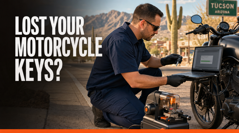 Motorcycle locksmith near me cutting a replacement motorcycle key in Tucson