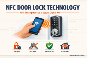 NFC door lock technology infographic — tapping a smartphone to a smart deadbolt to unlock a home door