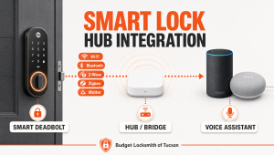 Infographic showing smart lock hub integration connecting a deadbolt to Alexa and Google Home through Wi-Fi, Bluetooth, Z-Wave, Zigbee, and Matter