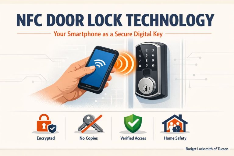 NFC door lock technology infographic — tapping a smartphone to a smart deadbolt to unlock a home door
