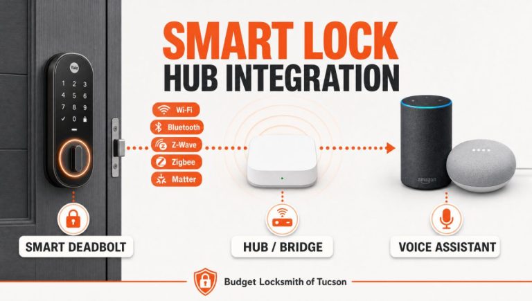 Infographic showing smart lock hub integration connecting a deadbolt to Alexa and Google Home through Wi-Fi, Bluetooth, Z-Wave, Zigbee, and Matter